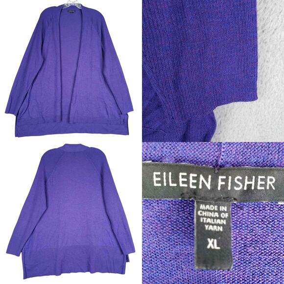 Eileen Fisher Sweater Women’s Size XL Purple Merino Wool Open Cardigan Knit - Picture 1 of 9